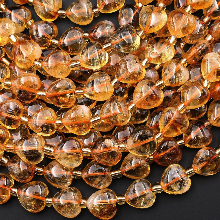 AAA Natural Golden Citrine Smooth Heart Beads 12mm Gemstone 15.5" Strand