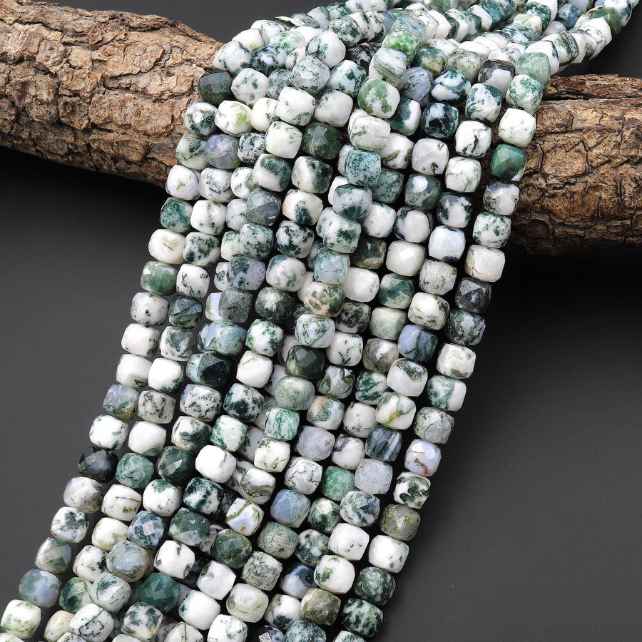 AAA Faceted Natural Green Tree Agate 6mm 7mm 8mm Cube Beads Laser Diamond Micro Cut Gemstone 15.5" Strand