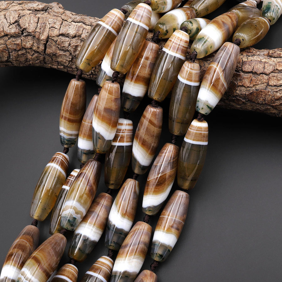 Extremely Rare Natural Brown Tibetan Agate w/ Green Moss Beads Long Barrel Cylinder 40x14mm 15.5" Strand