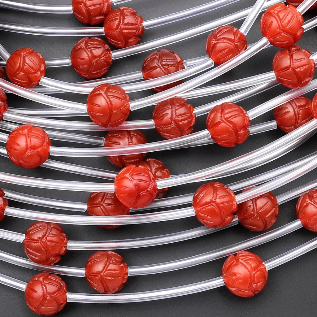 Hand Carved 3D Natural Red Agate Lotus Flower Gemstone Round Beads 8mm 10mm