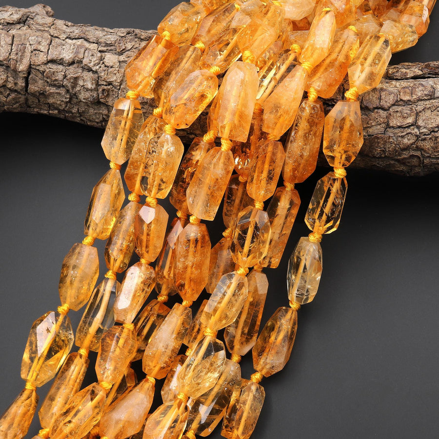 AAA Hand Cut Natural Golden Yellow Citrine Beads Faceted Nuggets 15" Strand