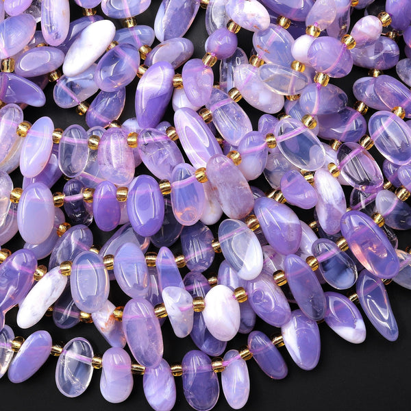 Rare Natural African Purple Opalized Chalcedony Freeform Oval Pebble Nugget Beads Top Side Drilled Gemstone 15.5" Strand