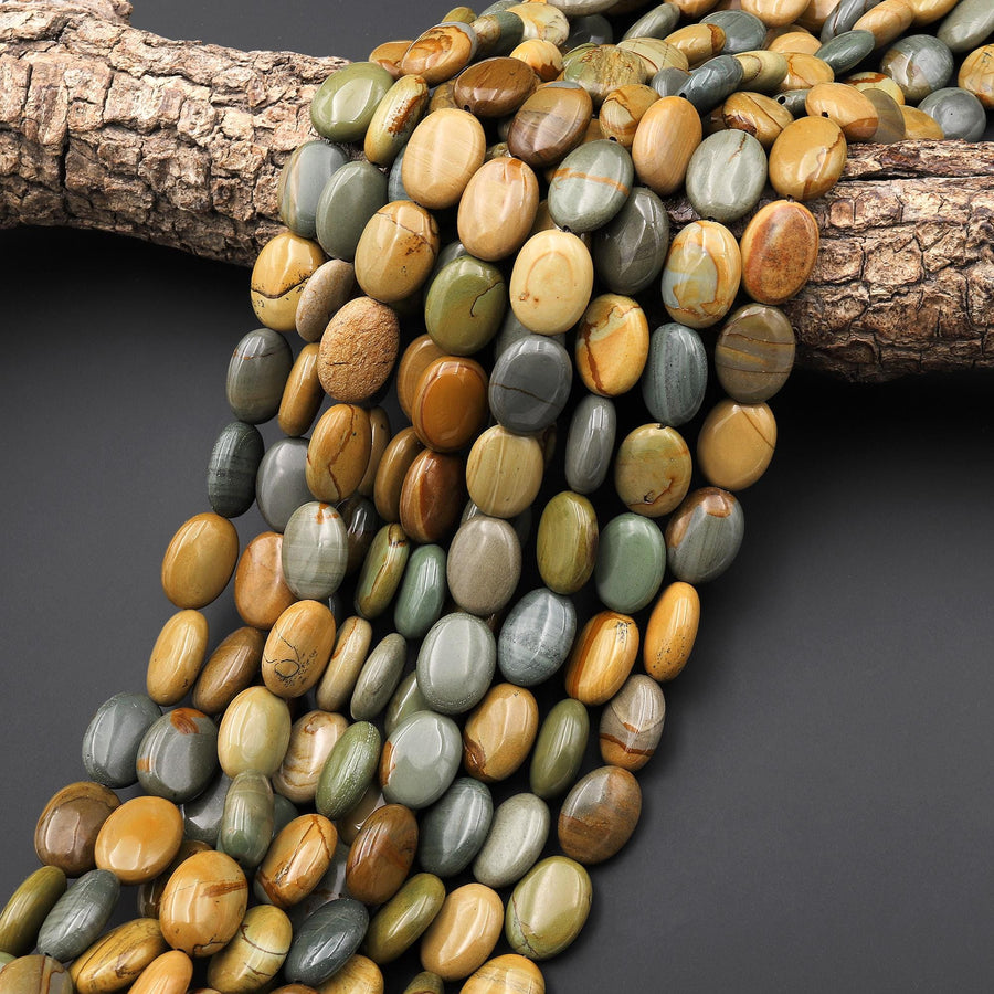 Rare Natural Slate Green Brown Cripple Creek Jasper Oval Beads 12x16mm 13x18mm 15.5" Strand