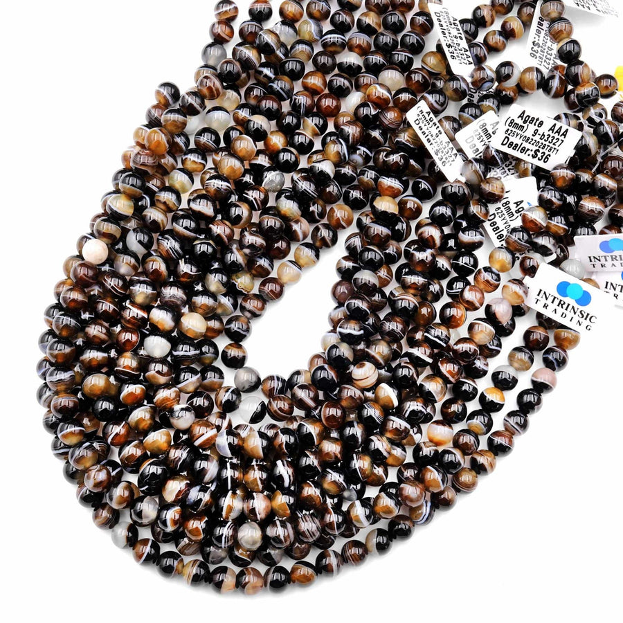 AAA Natural Brown Tuxedo Agate 8mm 10mm Smooth Round Beads Amazing Bands Veins 15.5" Strand