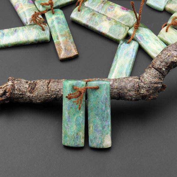 Natural Green Fuchsite Earring Pair Rectangle Matched Gemstone Beads A2