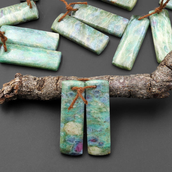 Natural Green Fuchsite Earring Pair Rectangle Matched Gemstone Beads A3