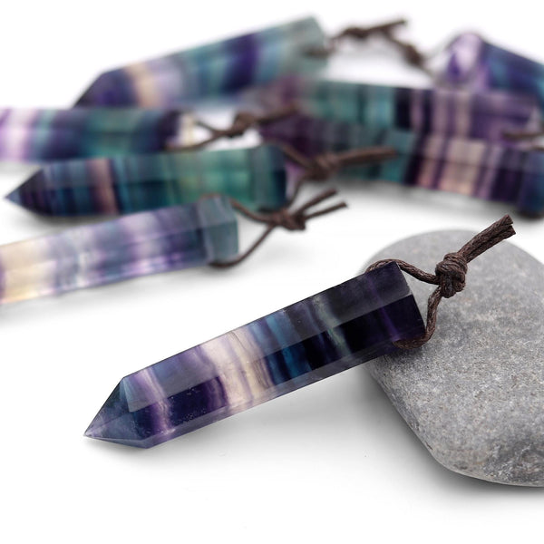 AAA Natural Rainbow Fluorite Crystal Point Pendant Side Drilled Gemstone Tower Pendulum A7