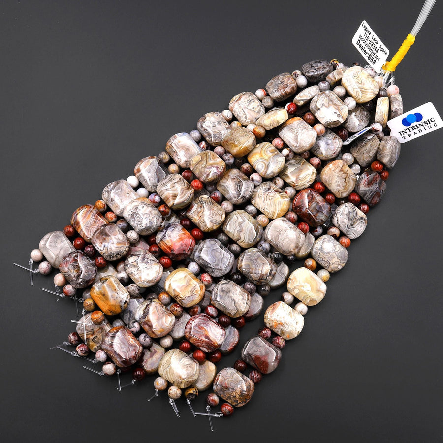 2 Hole Double Drilled Natural Laguna Lace Agate Sooth Rounded Rectangle Title Bracelet Beads 8" Strand