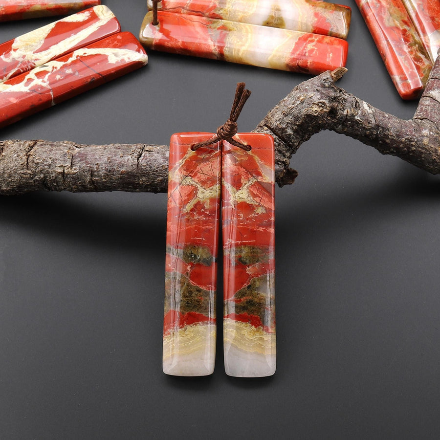 Natural Red River Jasper Long Rectangle Earring Pair Drilled Matched Gemstone Beads A4