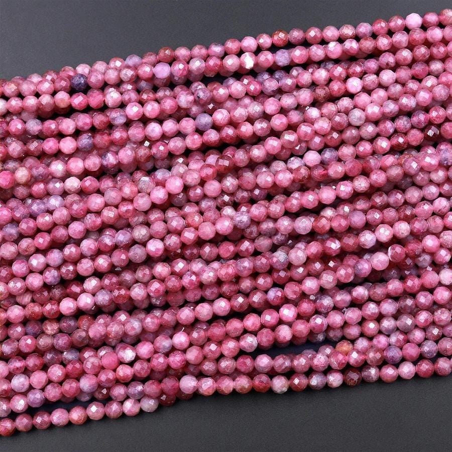 Faceted Natural Pink Tourmaline 3mm 4mm 5mm 6mm Round Beads Micro Diamond Cut Gemstone 15.5" Strand