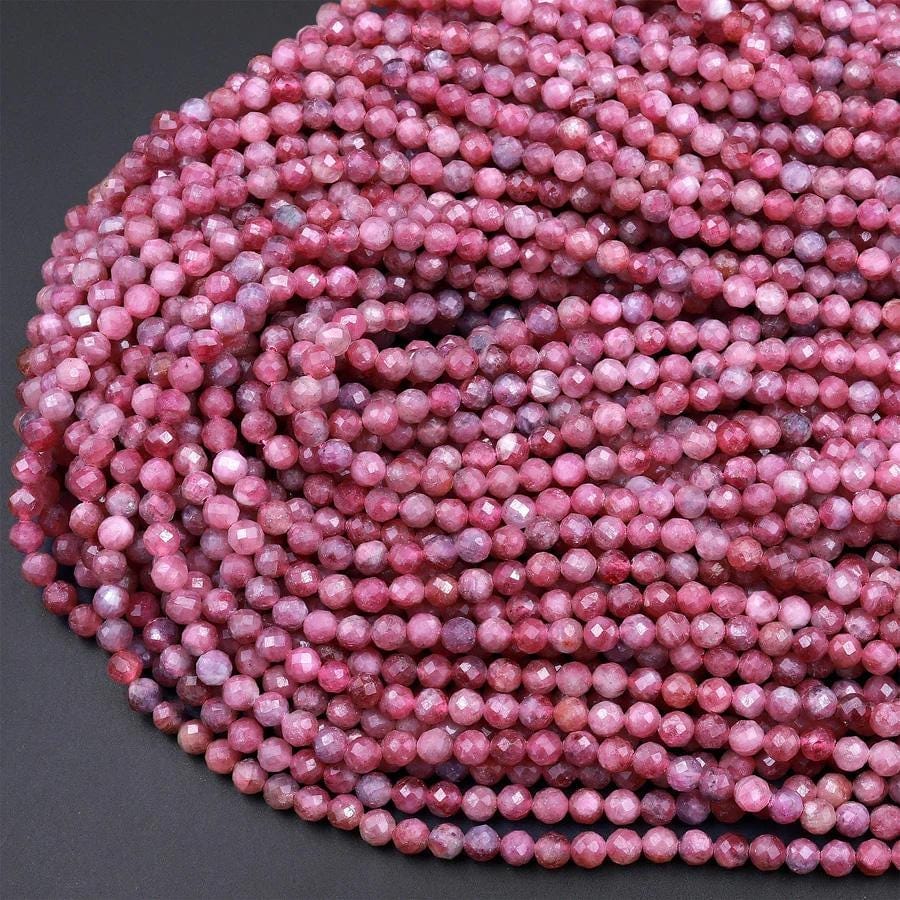 Faceted Natural Pink Tourmaline 3mm 4mm 5mm 6mm Round Beads Micro Diamond Cut Gemstone 15.5" Strand