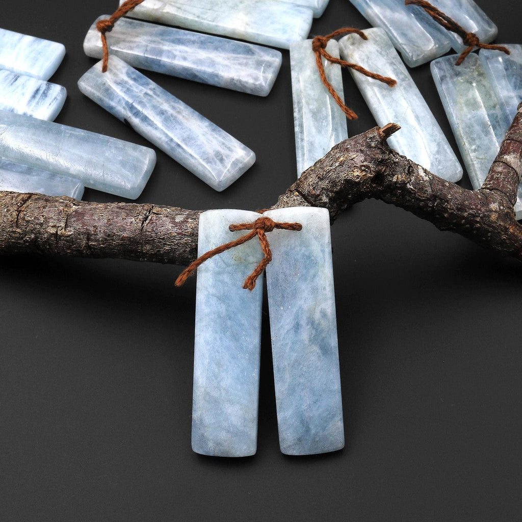 Natural Blue Aquamarine Earring Rectangle Pair Drilled Matched Gemstone Beads A1