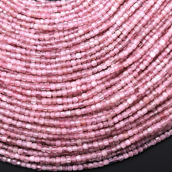 Natural Madagascar Mauve Pink Rose Quartz 2mm 3mm Faceted Cube Gemstone Beads 15.5" Strand