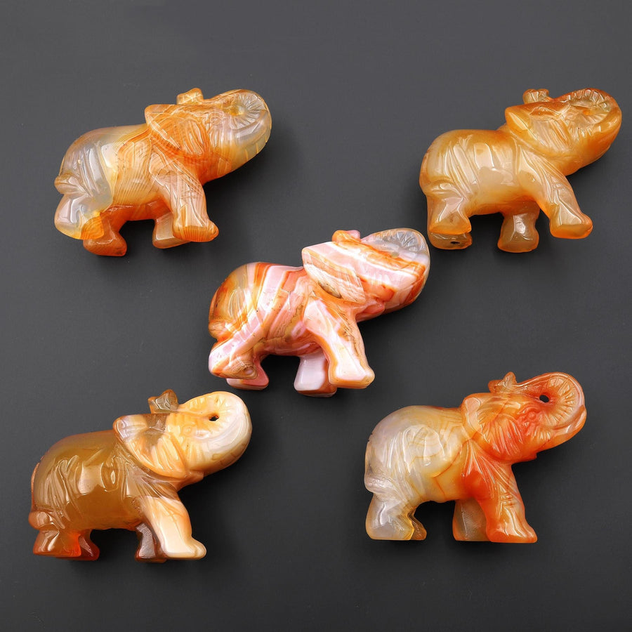 Hand-Carved Natural Carnelian Agate Elephant Figurine Crystal Miniature