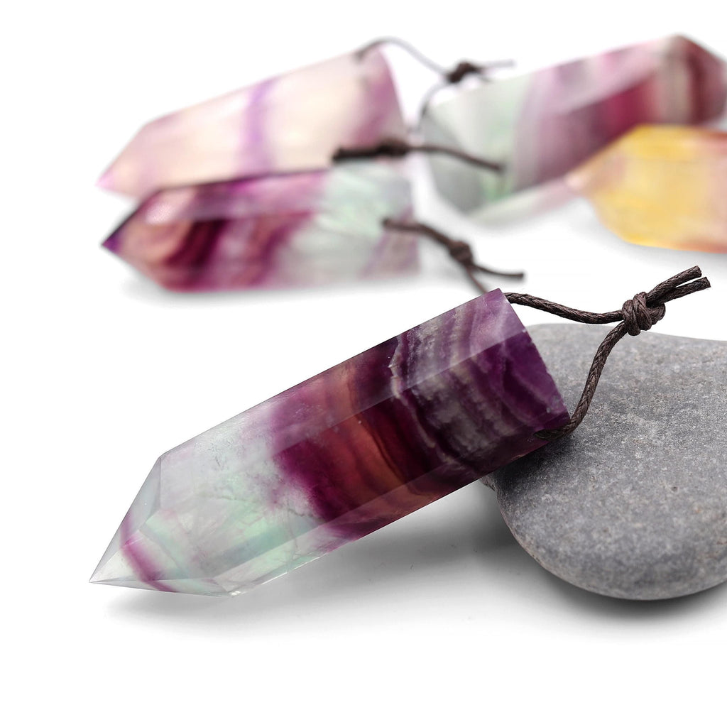 AAA Natural Candy Fluorite Faceted Crystal Point Pendant Side Drilled Gemstone Tower Pendulum A10