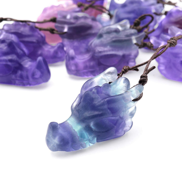 Hand Carved Dragon Skull Natural Fluorite Drilled Gemstone Pendant A1