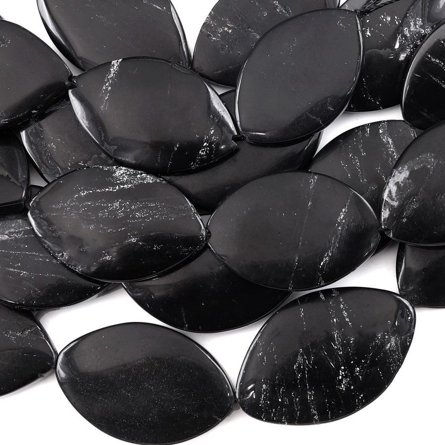 Natural Brazilian Black Stone Marquise Oval Beads Hand Cut Gemstone 15.5" Strand