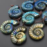 Hand Carved Natural Blue Green Golden Labradorite Ammonite Pendant Side Drilled Gemstone Focal Bead