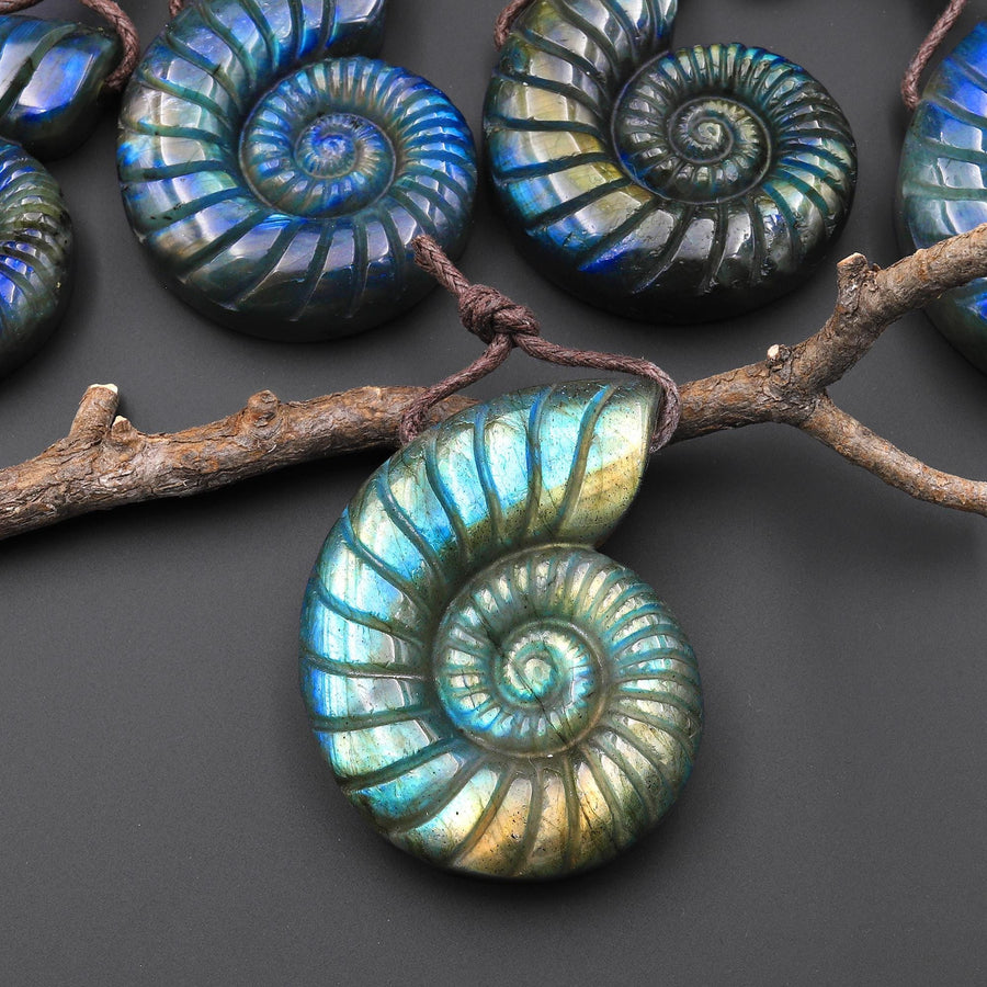 Hand Carved Natural Blue Green Golden Labradorite Ammonite Pendant Side Drilled Gemstone Focal Bead