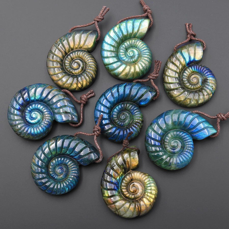 Hand Carved Natural Blue Green Golden Labradorite Ammonite Pendant Side Drilled Gemstone Focal Bead