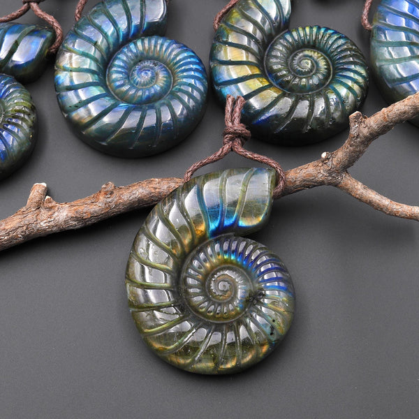 Hand Carved Natural Blue Green Golden Labradorite Ammonite Pendant Side Drilled Gemstone Focal Bead A2