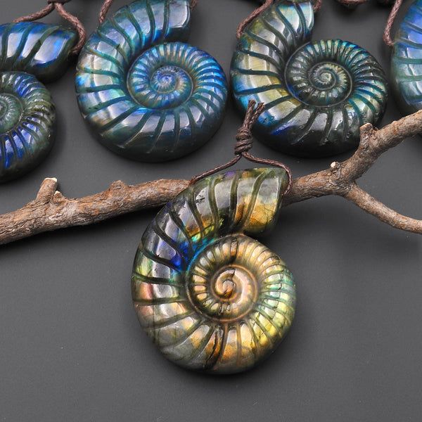 Hand Carved Natural Blue Green Golden Labradorite Ammonite Pendant Side Drilled Gemstone Focal Bead A4