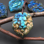 Hand Carved Natural Blue Golden Labradorite Lion Face Head Pendant Side Drilled Gemstone Focal Bead