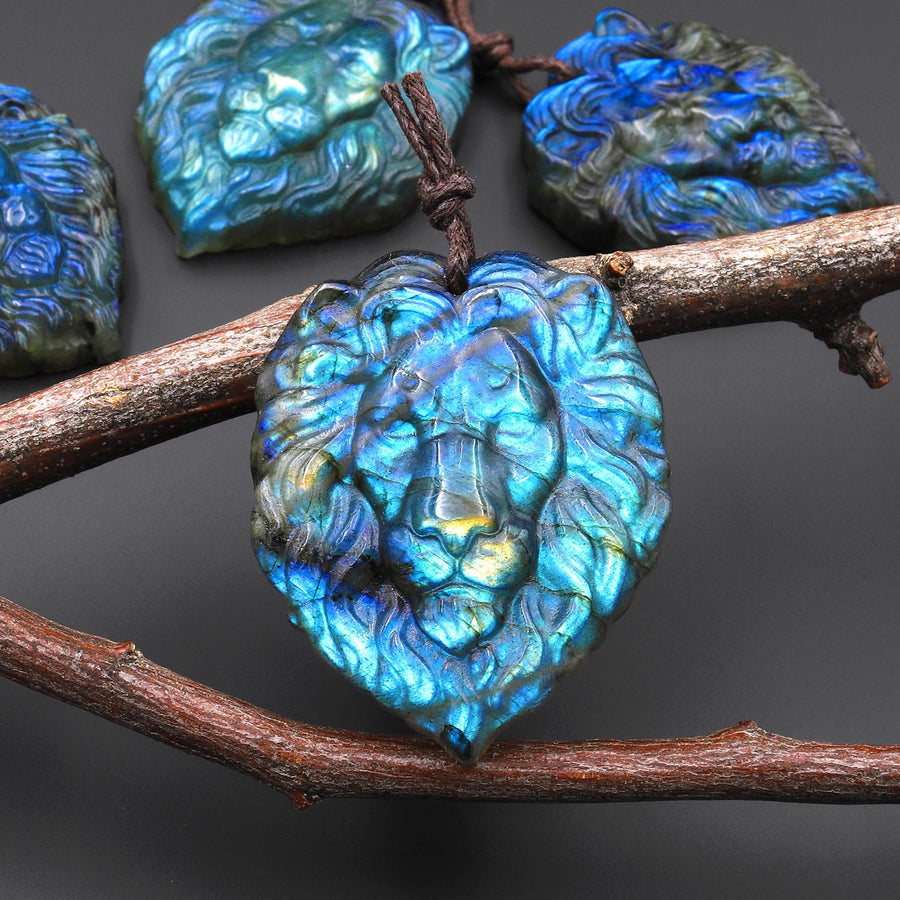 Hand Carved Natural Blue Golden Labradorite Lion Face Head Pendant Side Drilled Gemstone Focal Bead A4