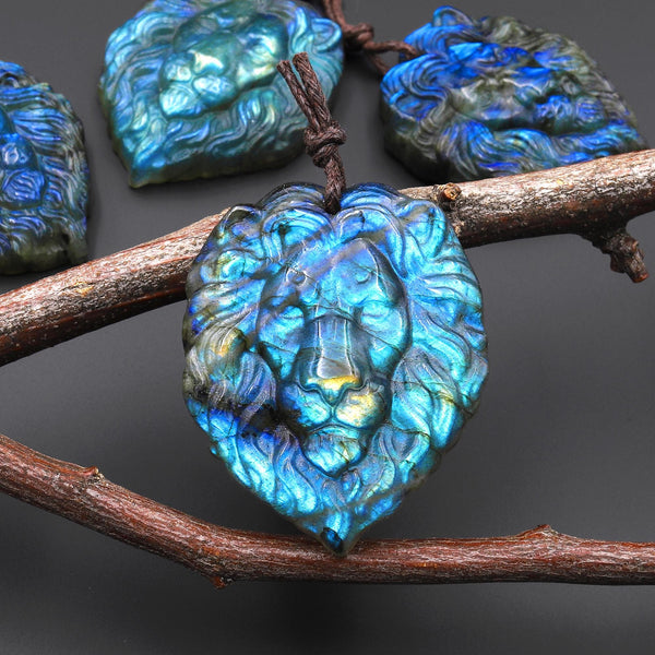 Hand Carved Natural Blue Golden Labradorite Lion Face Head Pendant Side Drilled Gemstone Focal Bead A4