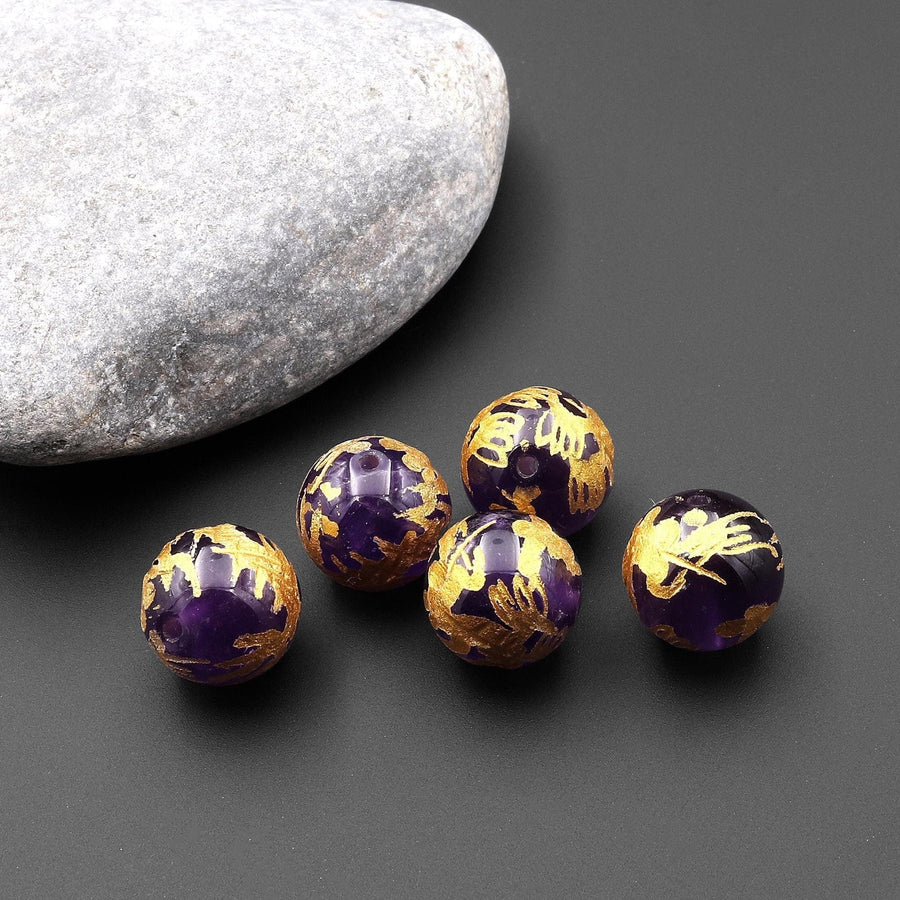 AAA Natural Purple Amethyst Hand Carved Gold Dragon 8mm 10mm Round Gemstone Beads