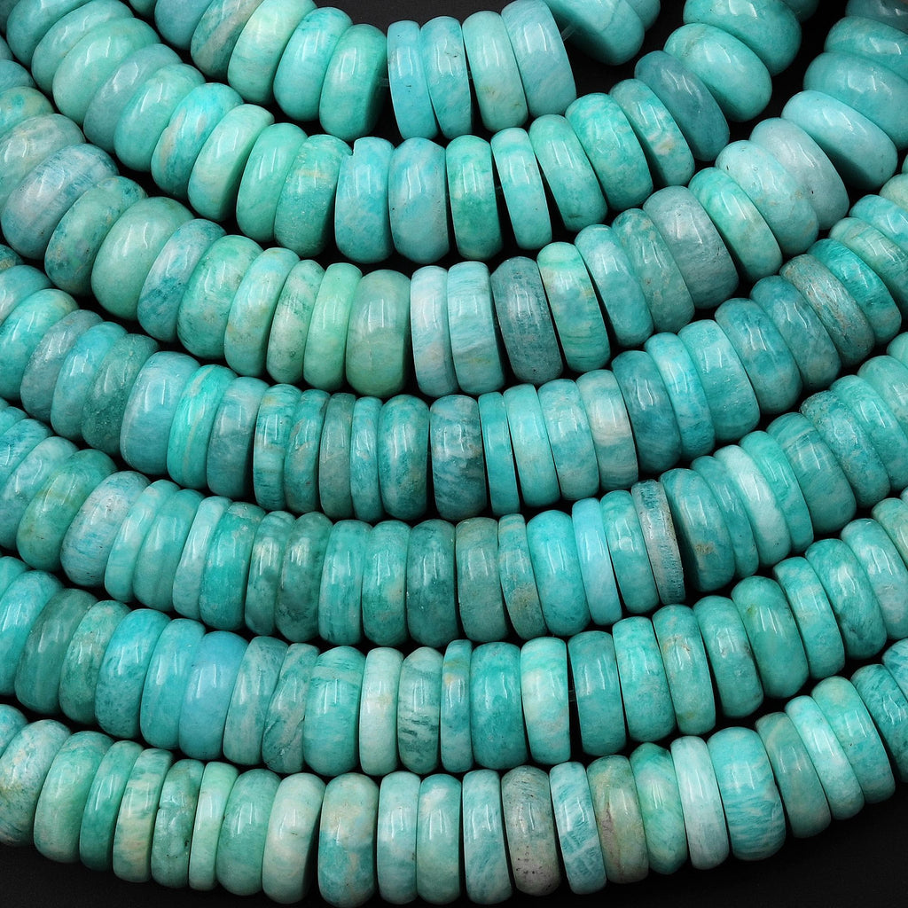 Natural Peruvian Amazonite Smooth Heishi Rondelle 6mm 7mm 9mm 10mm 11mm 12mm 13mm Beads Genuine Sea Blue Green Gemstone 15.5" Strand