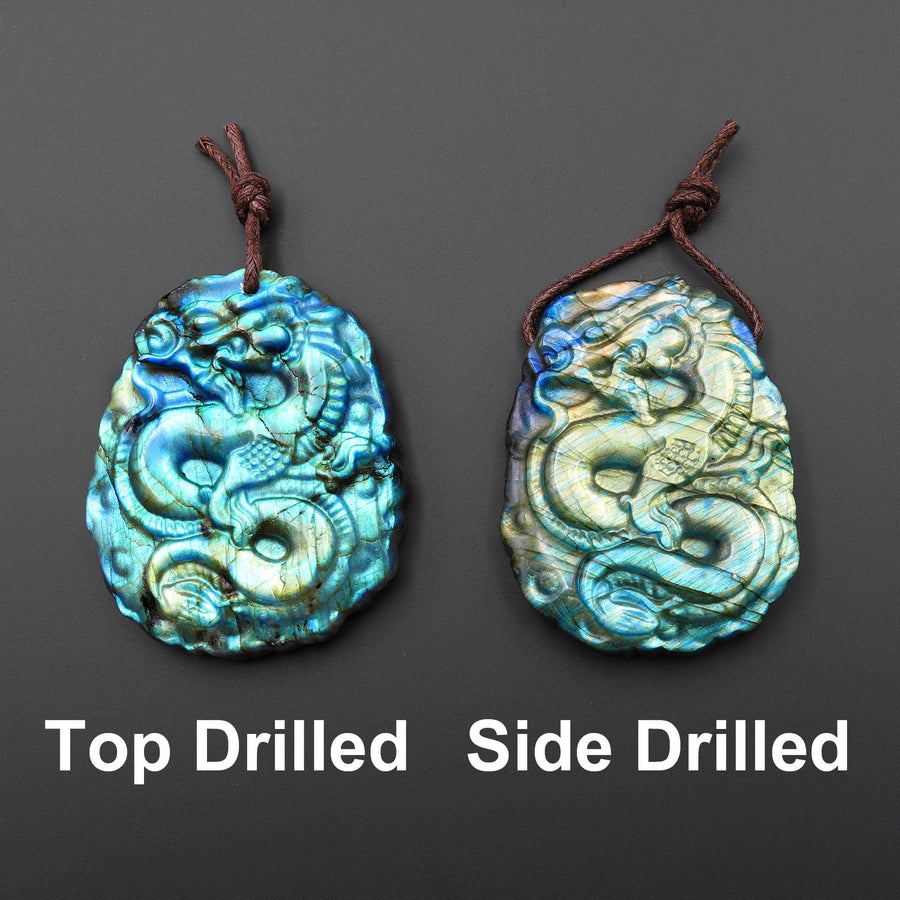 AAA Hand Carved Natural Golden Blue Green Labradorite Dragon Pendant Gemstone Focal Bead