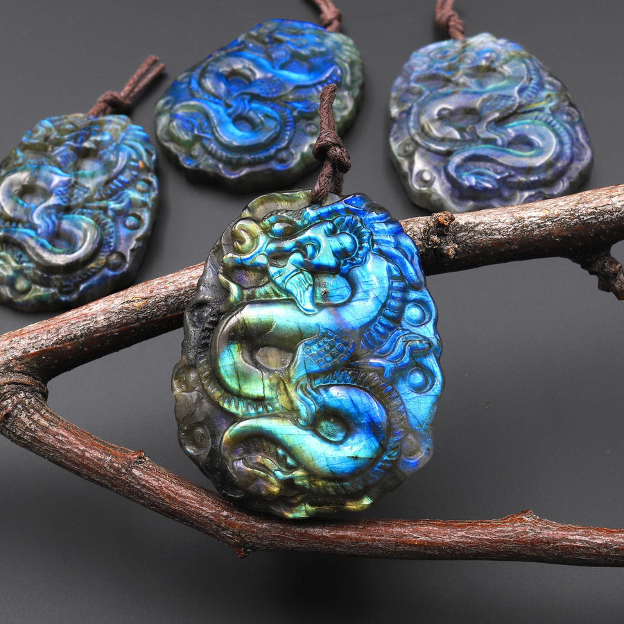 AAA Hand Carved Natural Golden Blue Green Labradorite Dragon Pendant Gemstone Focal Bead A1