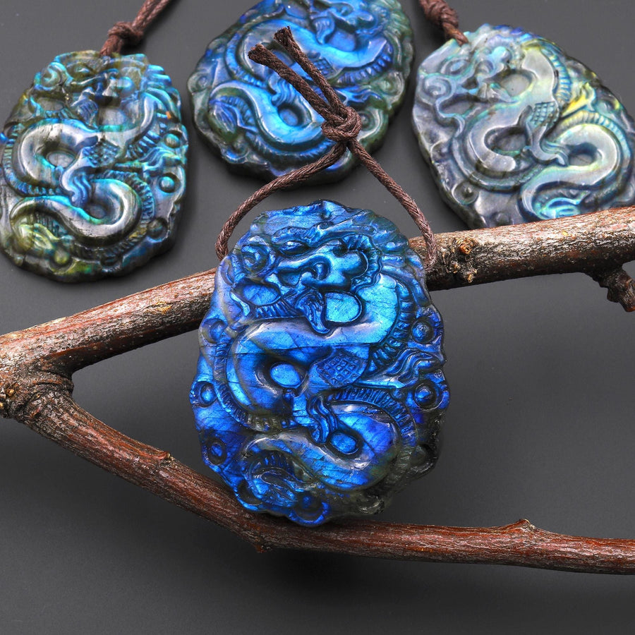 AAA Hand Carved Natural Golden Blue Green Labradorite Dragon Pendant Gemstone Focal Bead A4
