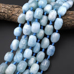 Large Hand Faceted Natural Blue Aquamarine Rounded Nugget Gemstone Beads 16.5" Strand