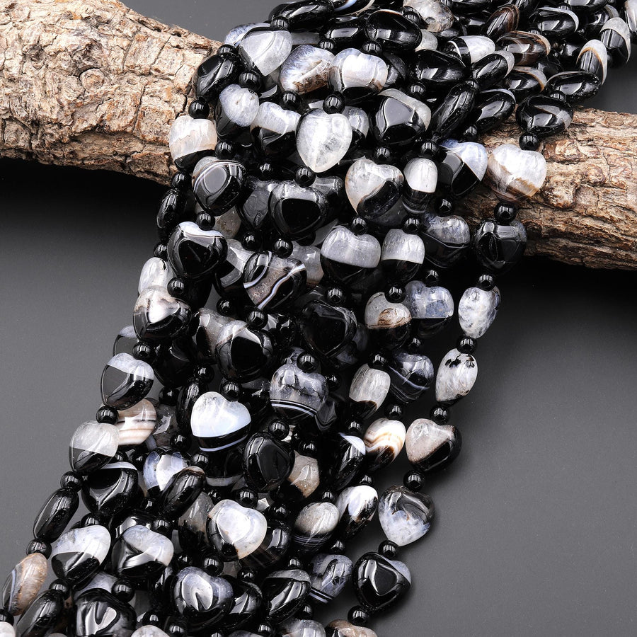 Natural Black Tuxedo Agate Smooth Heart Beads W/ White Quartz Matrix 12mm 15.5" Strand