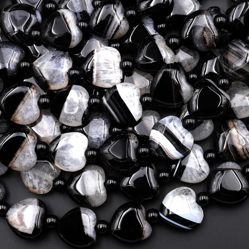 Natural Black Tuxedo Agate Smooth Heart Beads W/ White Quartz Matrix 12mm 15.5" Strand