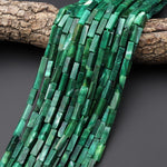 Natural African Green Jade Thin Long Rectangle Tube Beads 15.5" Strand