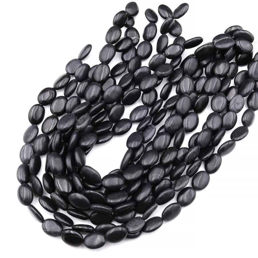 Matte Natural Brazilian Black Stone Oval Beads Gemstone 15.5" Strand