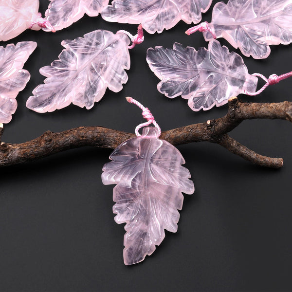 Hand Carved Natural Rose Quartz Leaf Pendant Focal Bead Side Drilled Gemstone A1