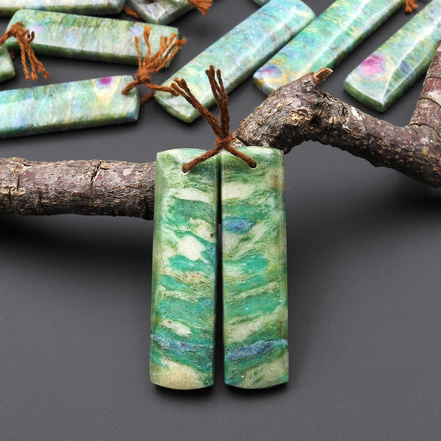 Natural Seafoam Green Fuchsite Earring Pair Rectangle Matched Gemstone Beads