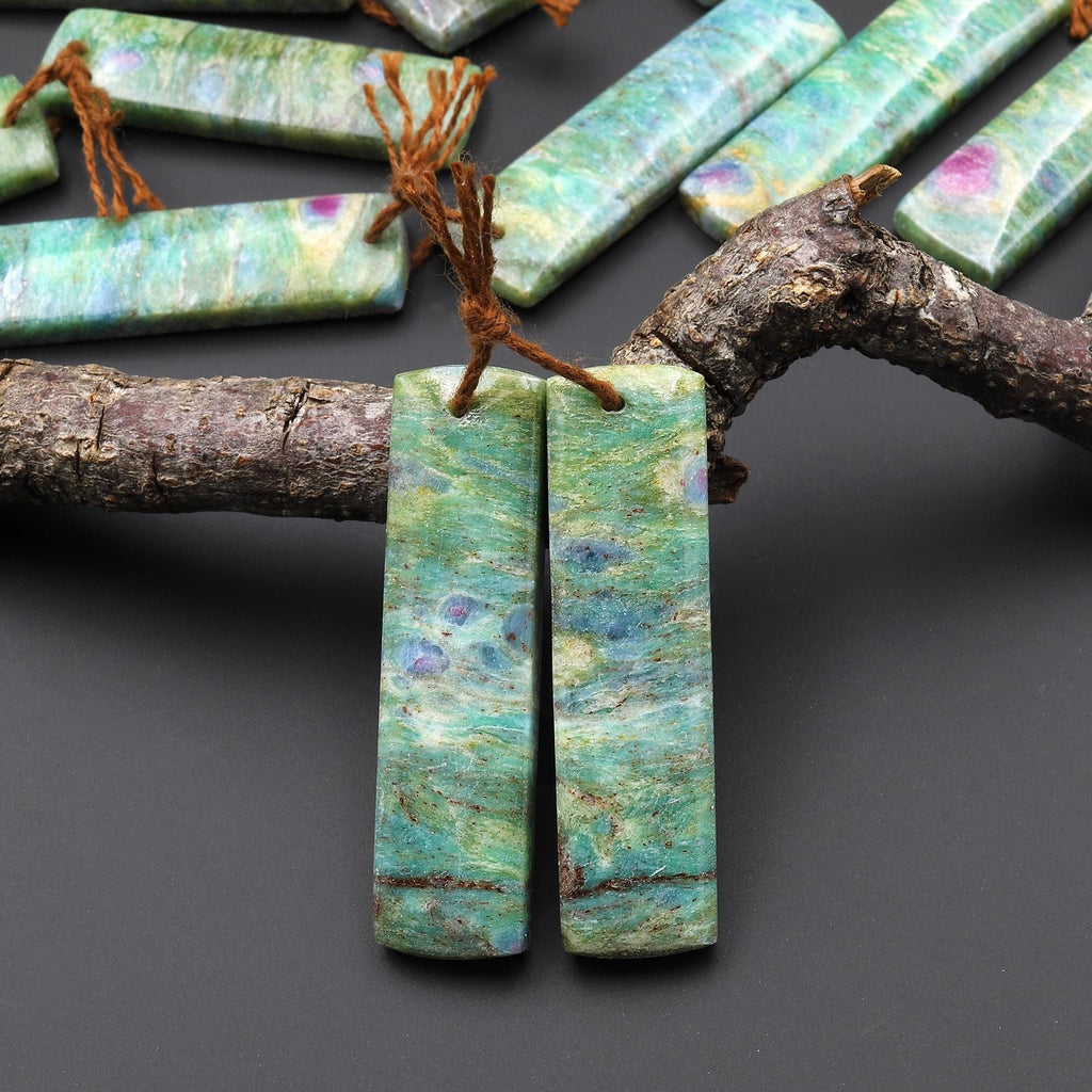 Natural Seafoam Green Fuchsite Earring Pair Rectangle Matched Gemstone Beads A2