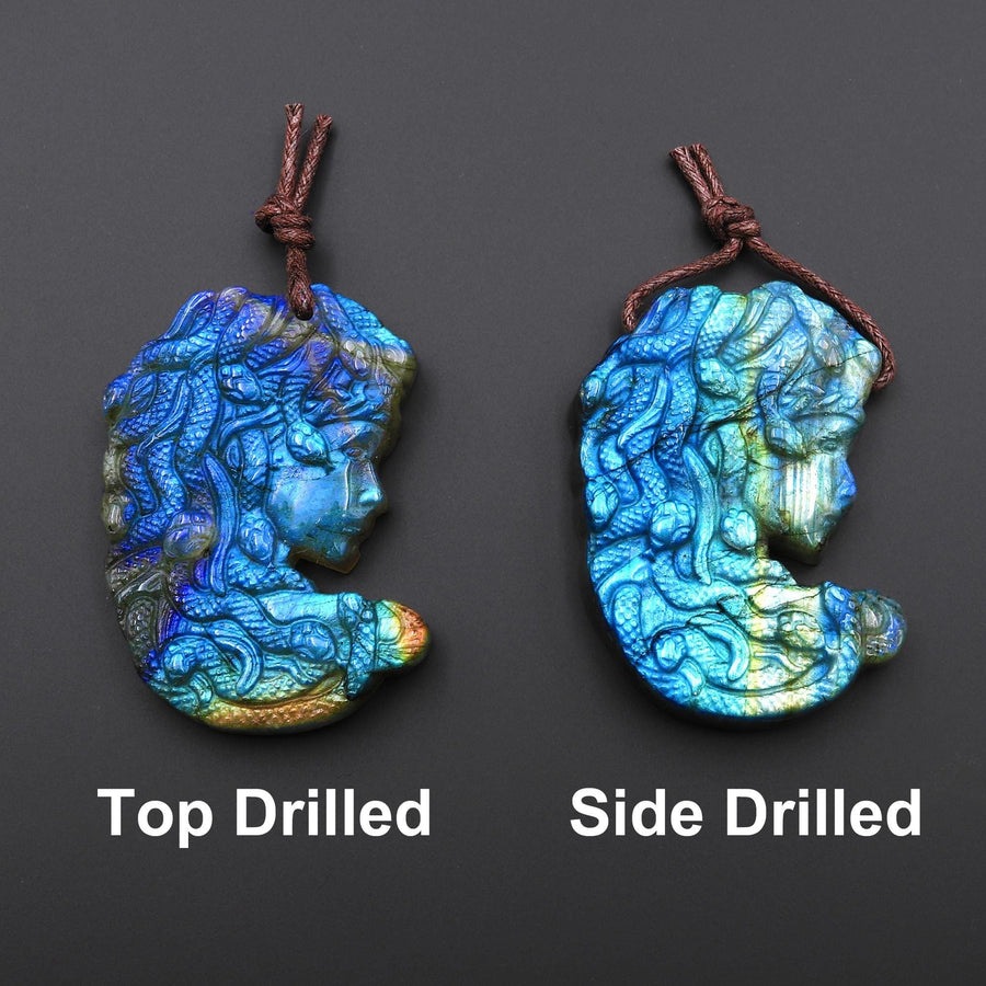 AAA Hand Carved Natural Golden Blue Green Labradorite Medusa Snake Goddess Pendant Gemstone Focal Bead