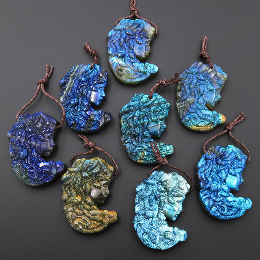 AAA Hand Carved Natural Golden Blue Green Labradorite Medusa Snake Goddess Pendant Gemstone Focal Bead