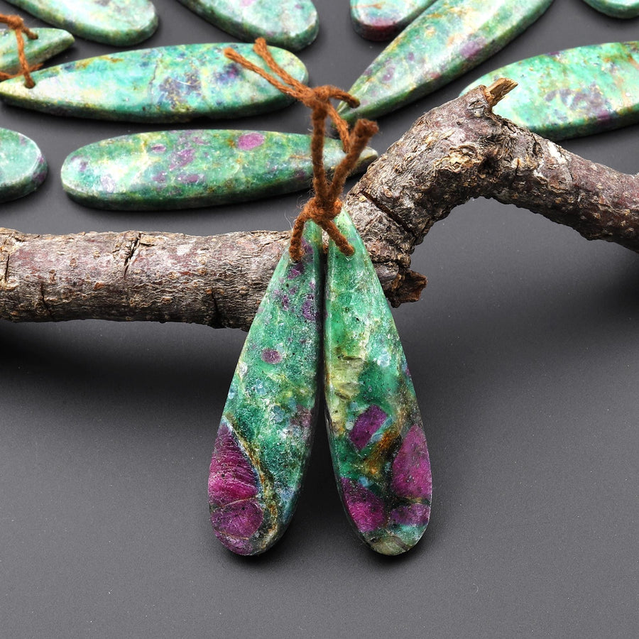 Natural Ruby Green Fuchsite Earring Pair Teardrop Matched Gemstone Beads