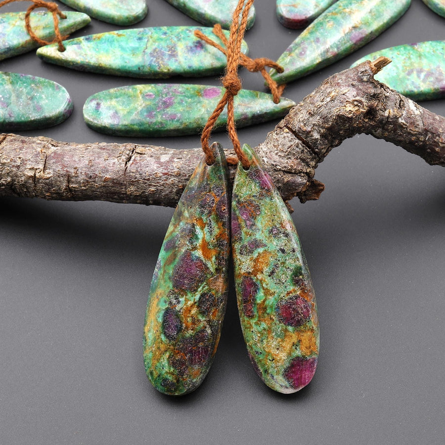 Natural Ruby Green Fuchsite Earring Pair Teardrop Matched Gemstone Beads