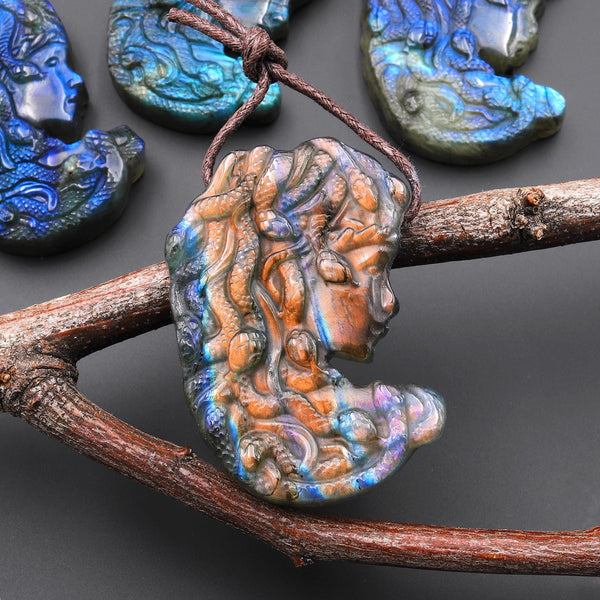 AAA Hand Carved Natural Golden Pink Purple Labradorite Medusa Snake Goddess Pendant Gemstone Focal Bead A2