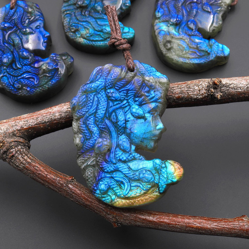 AAA Hand Carved Natural Golden Blue Green Labradorite Medusa Snake Goddess Pendant Gemstone Focal Bead