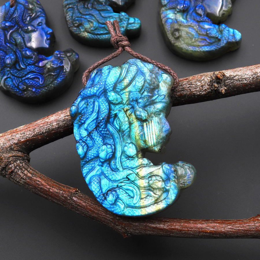 AAA Hand Carved Natural Golden Blue Green Labradorite Medusa Snake Goddess Pendant Gemstone Focal Bead