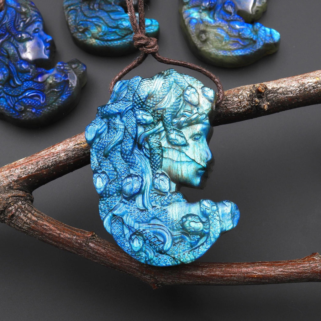 AAA Hand Carved Natural Blue Labradorite Medusa Snake Goddess Pendant Gemstone Focal Bead A6